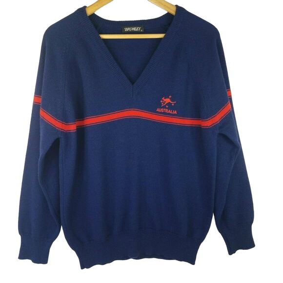 Vintage Bromley Australia Sweater Womens US 14 Blue Pure Wool Jumper Embroidered - Picture 1 of 8